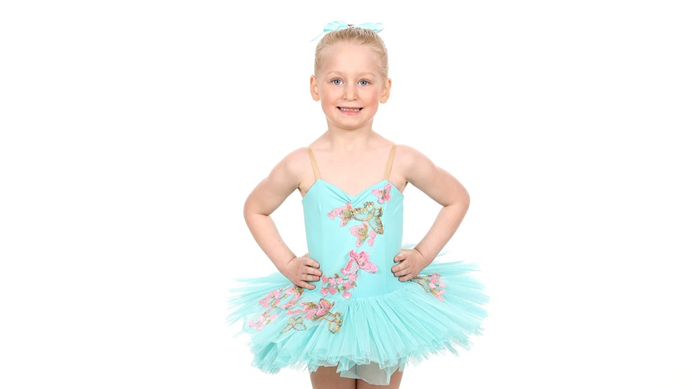 4 year old in teal ballet costume in a Kinder Ballet class at The Dance Shoppe in Milton