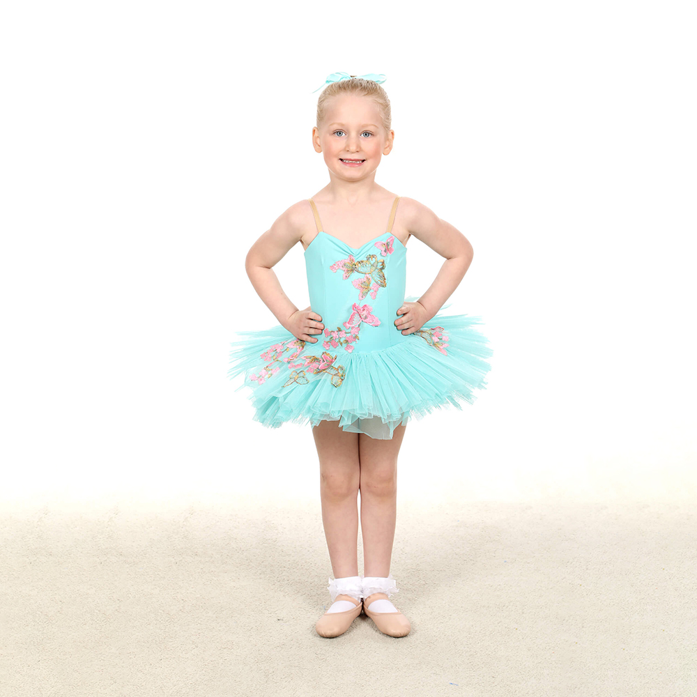4 year old in teal ballet costume in a Kinder Ballet class at The Dance Shoppe in Milton