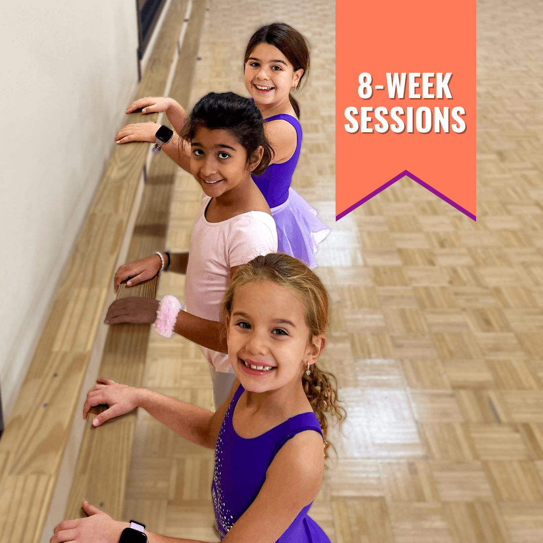 3 young girl dancers in the dance shoppe dance studio in milton with text '8-week sessions'